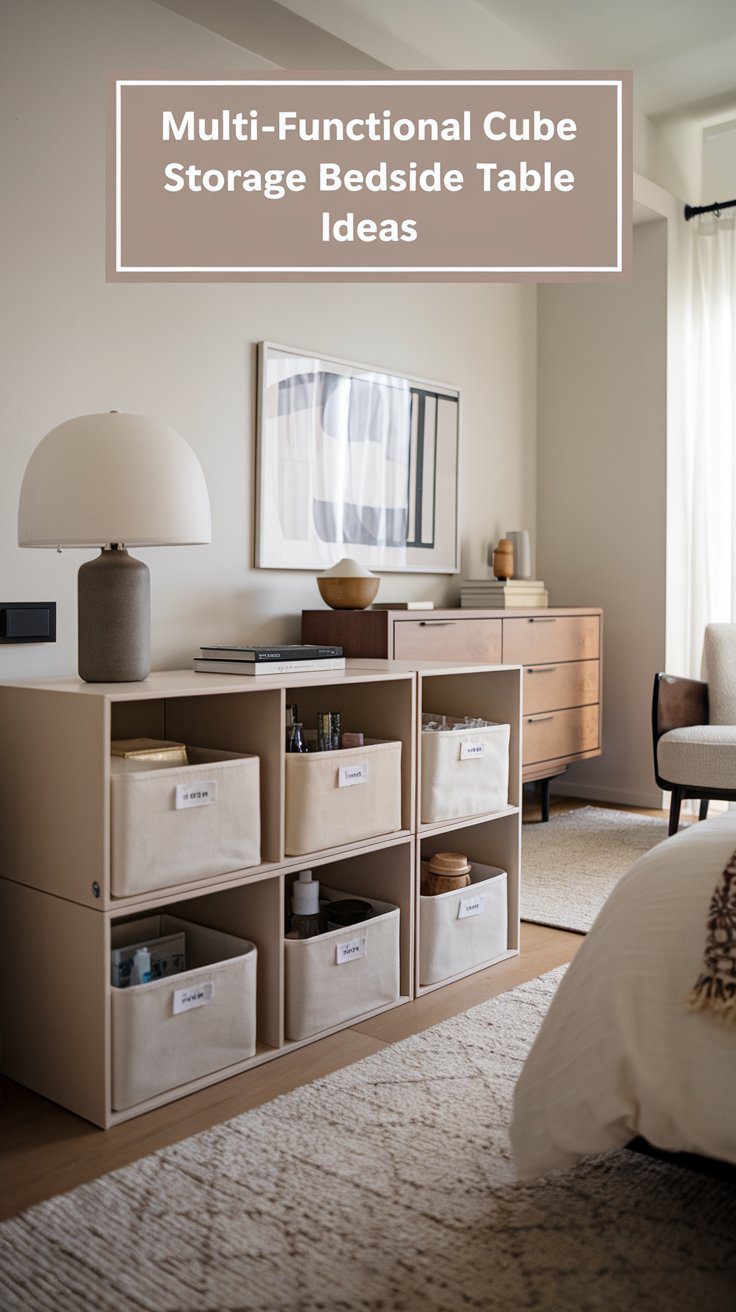 A modern bedroom exudes style and functionality with a cube storage bedside table, where fabric bins hold books and decor. A lamp and framed artwork grace the tabletop, while soft natural light accentuates the rooms neutral palette and textured rug, creating an inviting atmosphere.