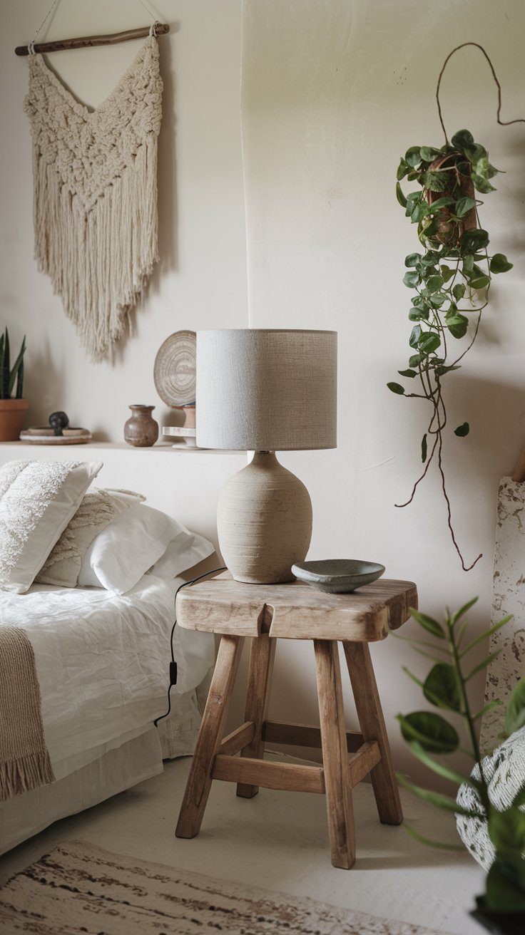 Create a warm and inviting atmosphere in your bedroom with rustic decor elements. Picture a cozy corner with a wooden side table adorned by a ceramic lamp and bowl, complemented by white linens on the bed. Add charm with a macrame wall hanging and verdant touches from a hanging plant, infusing the space with earthy elegance.