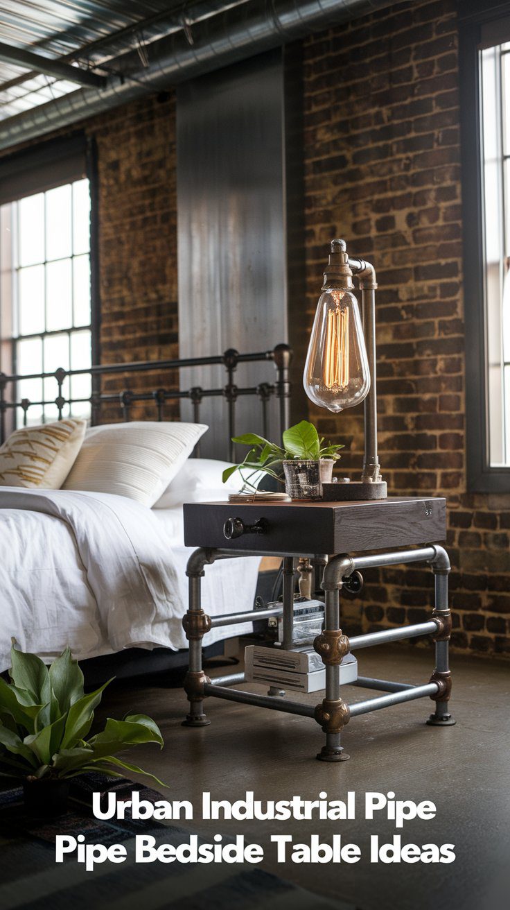 Discover urban industrial bedroom design with a blend of warmth and edginess. A cozy room showcases exposed brick walls, complemented by a metal bed and a unique industrial-style bedside table crafted from pipes. The rustic charm is enhanced by a large vintage bulb illuminating small potted plants and books, perfect for anyone seeking inspiration for an urban oasis.