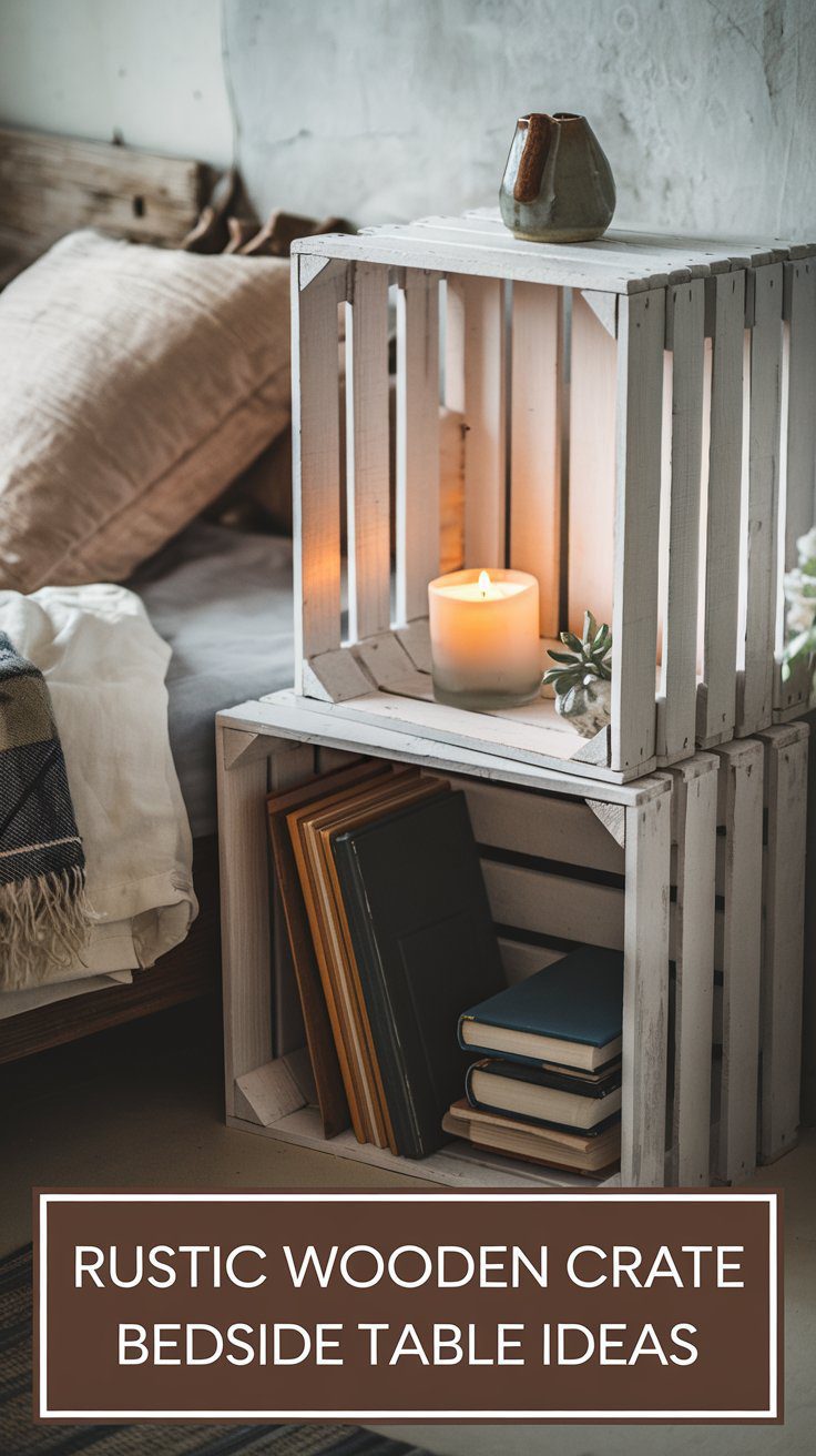 Transform your bedroom with rustic charm using DIY wooden crate bedside tables. Stack crates to create functional and stylish nightstands adorned with books, a candle, and a small plant for an inviting touch. Complement the setup with comforting elements like folded blankets and cozy beige pillows to enhance the homely ambiance. Discover creative ideas to incorporate these versatile pieces into your space effortlessly.