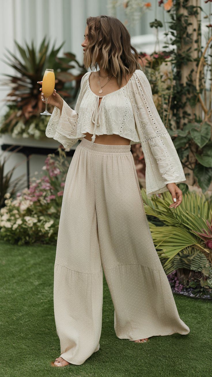 A woman exudes a bohemian vibe in a white flowy crop top and beige wide-leg pants, gracefully holding an orange drink amid a lush garden backdrop.