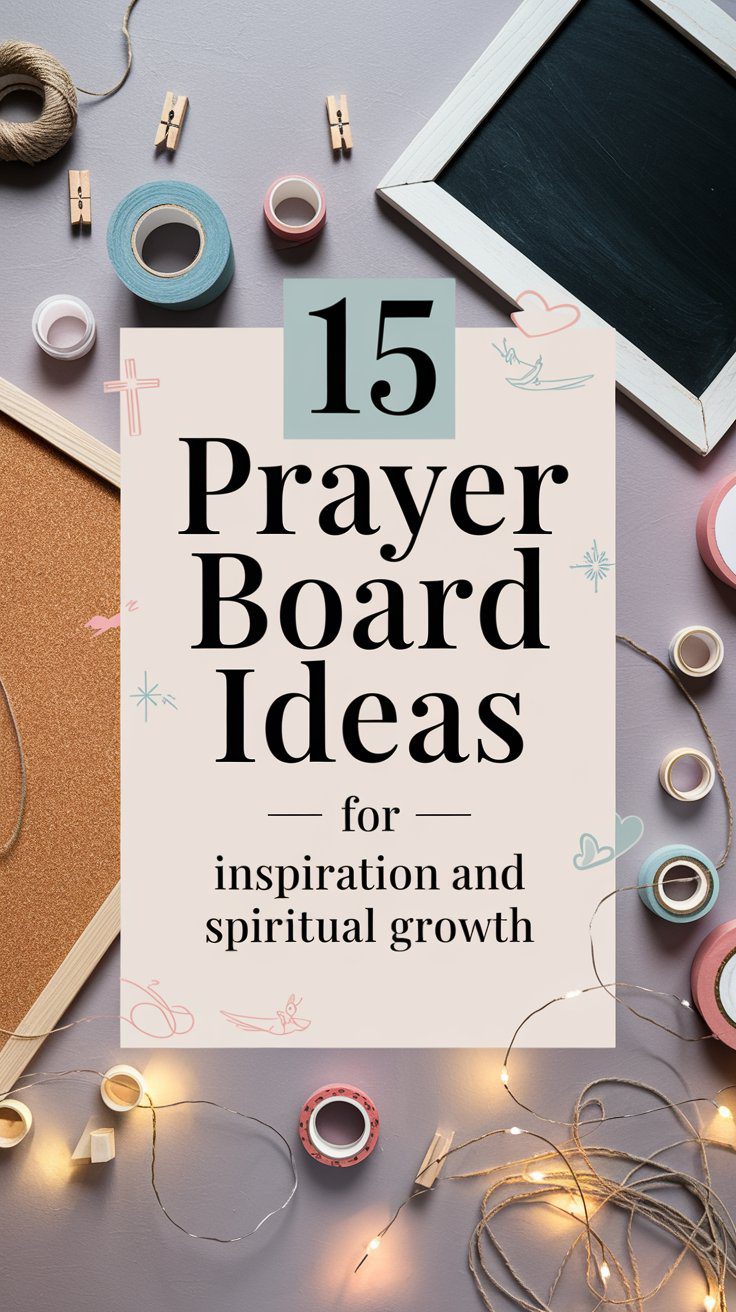 Explore creative ways to enhance your spiritual journey with 15 Prayer Board Ideas for Inspiration and Spiritual Growth. Surrounded by craft supplies like tape, string lights, clips, and a blank chalkboard, these ideas aim to spark creativity and deepen your connection through personalized prayer boards. Perfect for those seeking inspiration in their spiritual practice.
