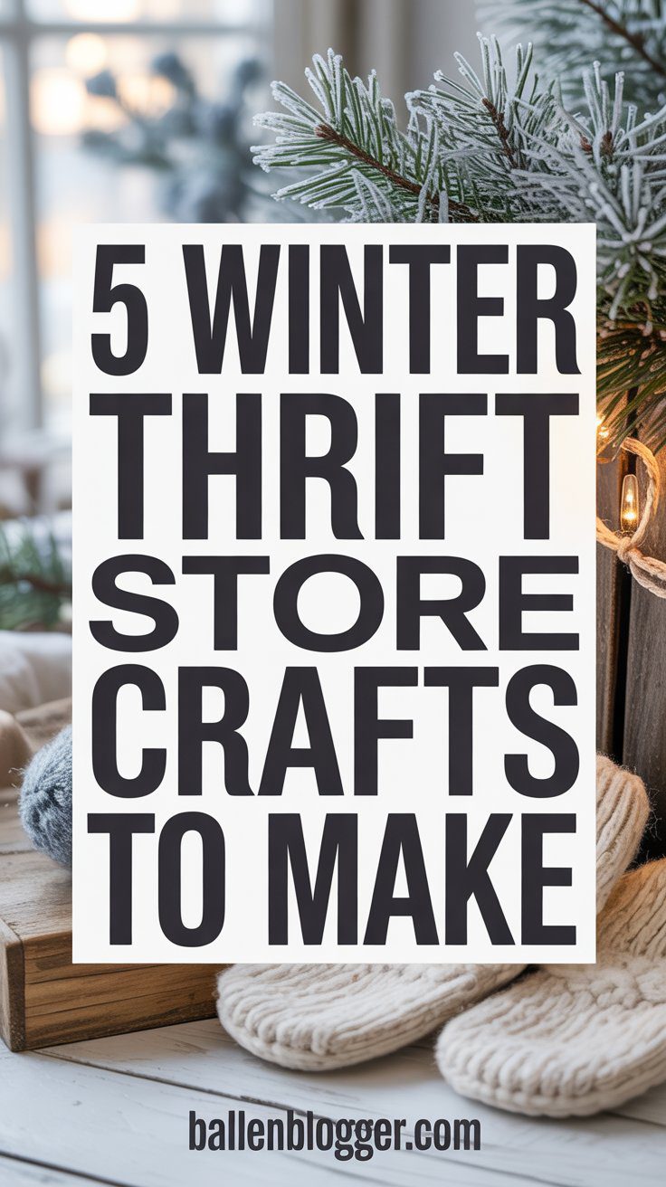 Winter thrift store crafts" is boldly featured on a sign, surrounded by mittens, pine sprigs, and glowing lights; ballenblogger.com below.