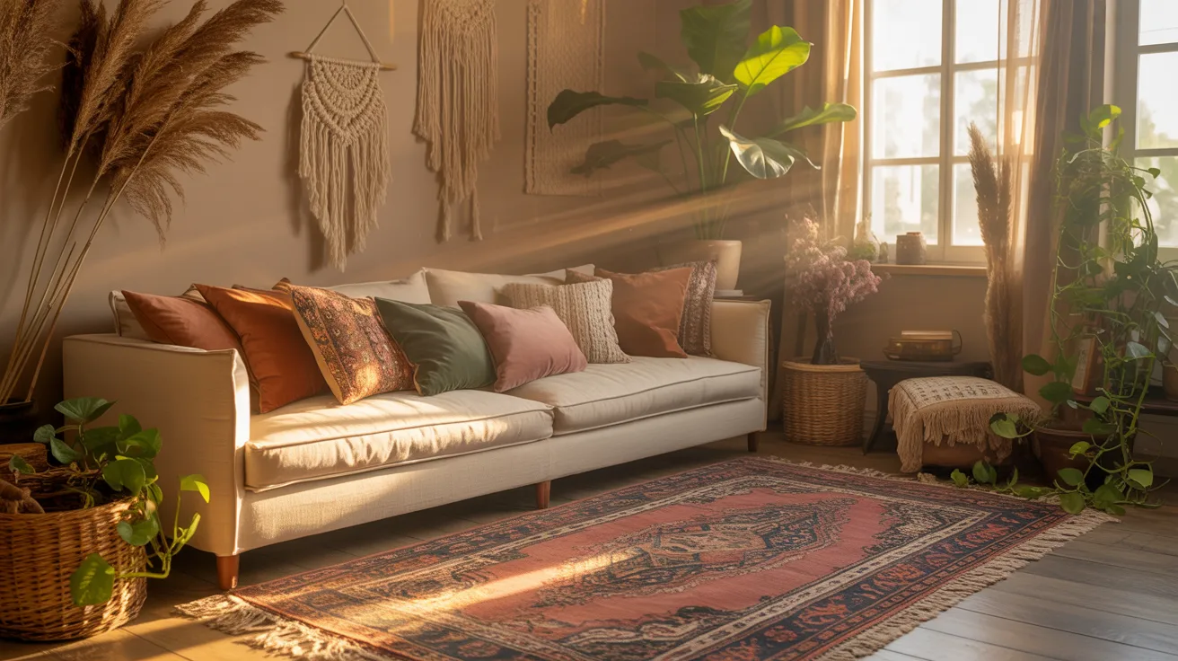 Bright boho lounge with a cream couch, bold pillows, lush plants & woven accents. Sunlight adds warmth. Shop this vibe: b4lMWkx3UHG5Ru5PO3pmcQ@2k.